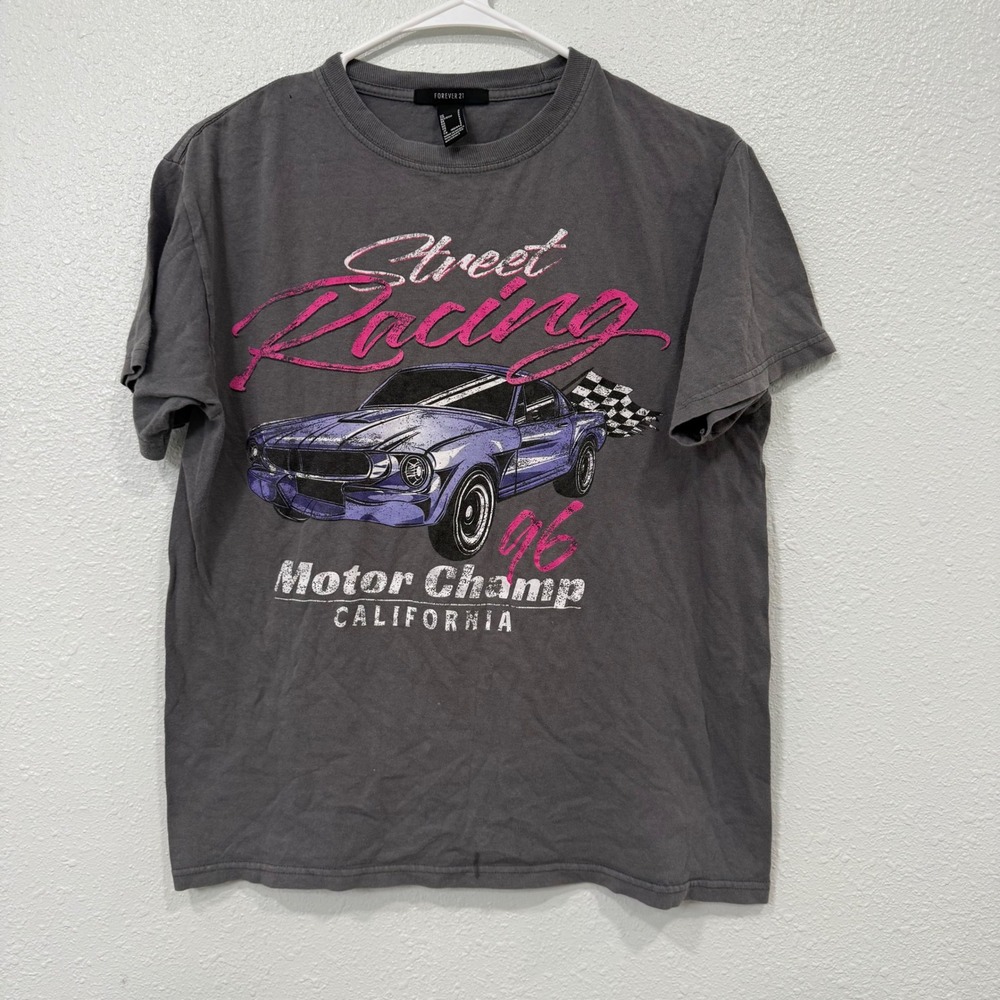 Forever 21 Womens Street Racing 96 Motor Champ Graphic Tee Gray Small